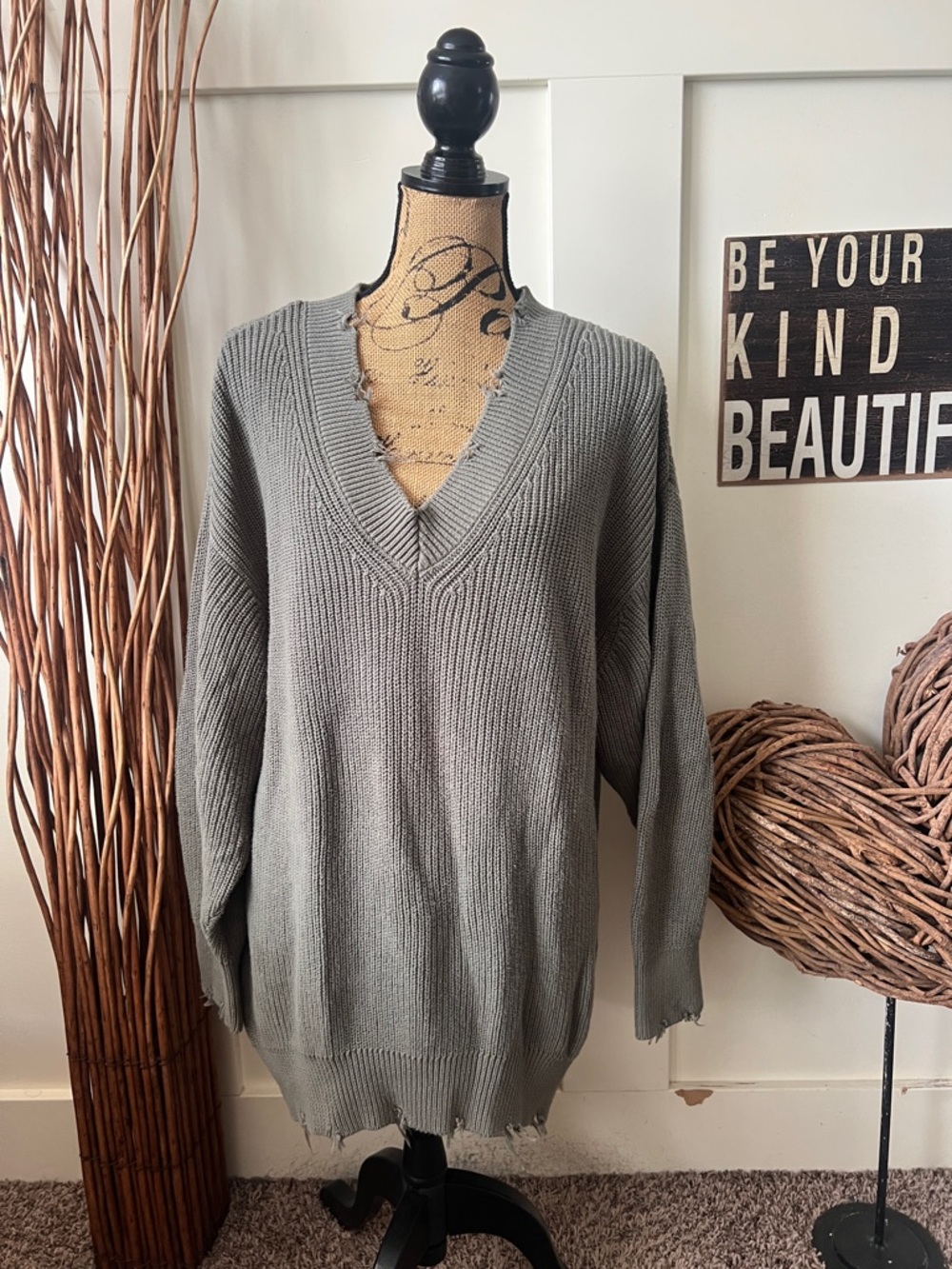 Young Fabulous & Broke Distressed V-Neck Sweater in Sage Gray